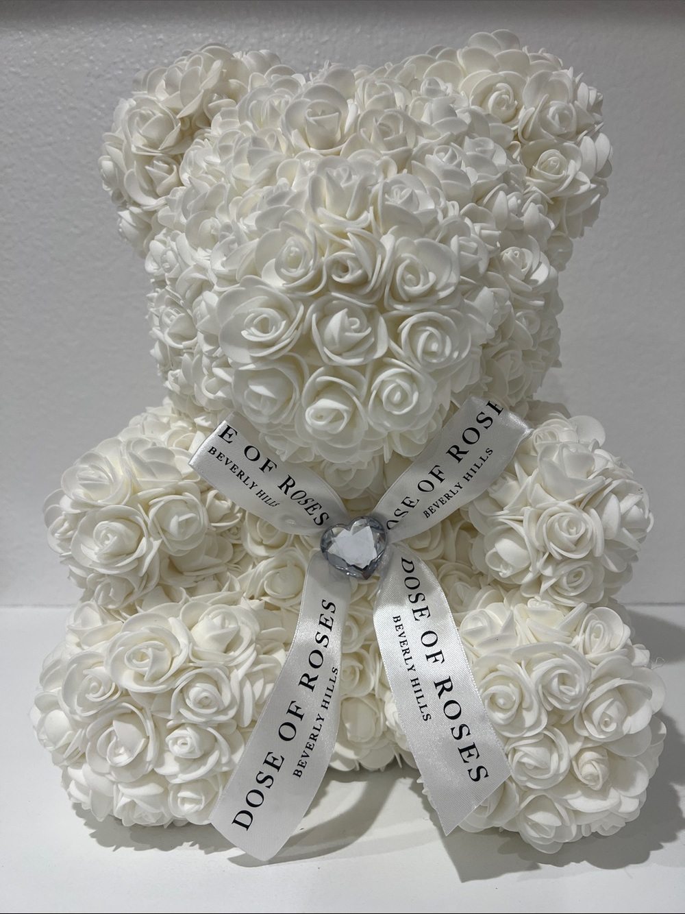 White Faux Rose Teddy Bear Accent